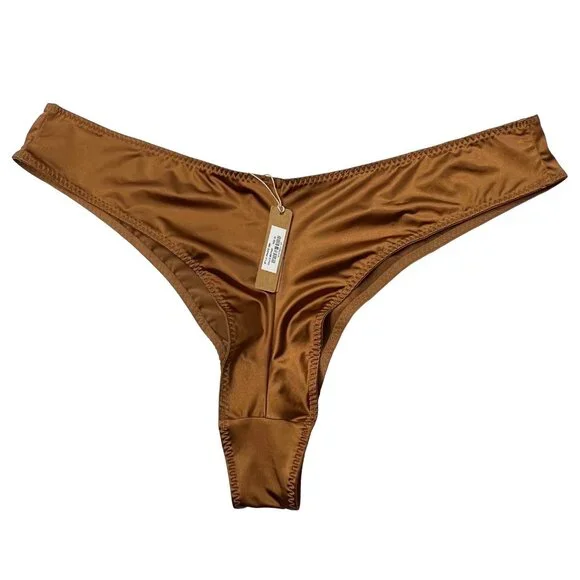 SKIMS Stretch Satin Scoop Neck Bralette + Cheeky Tanga Bronze 3X